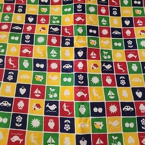 vintage corduroy Children's Fabric. Bright Colors Shapes In Grid Pattern 2 Yards